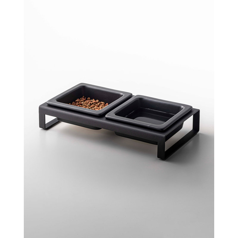 Yamazaki USA Yamazaki Home Steel And Ceramic Pet Food Stand, 2 Bowls For Food And Water, Short